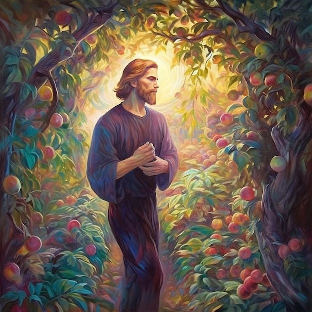 painting of jesus in a garden of peaches generative ai