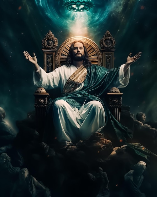 A painting of jesus sitting on a throne with the words jesus on it