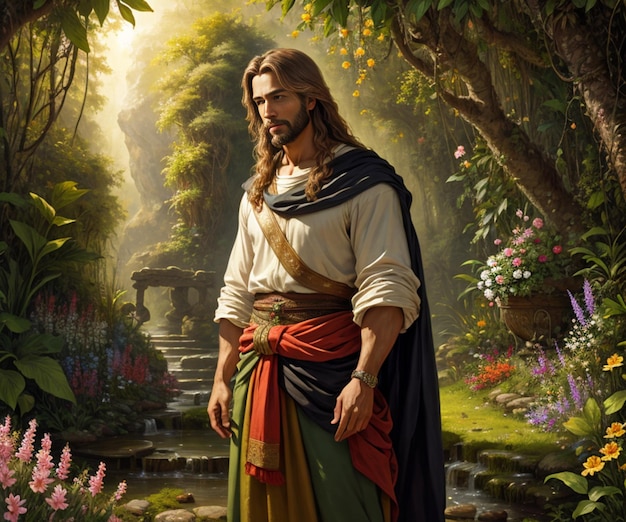 A painting of jesus standing in a garden with flowers and plants