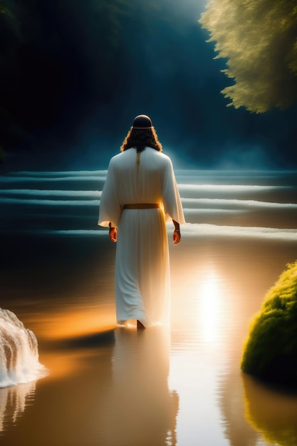 A painting of jesus walking into the water