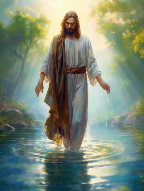 A painting of jesus walking in water with the sun shining on him