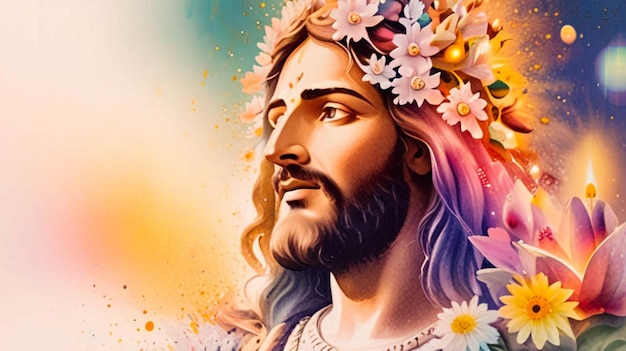 a painting of a jesus with flowers and a picture of jesus