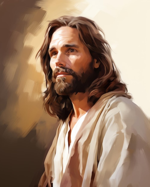 a painting of jesus with long hair and beard