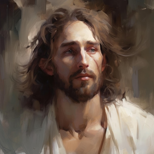 A painting of jesus with a white shirt and blue eyes.