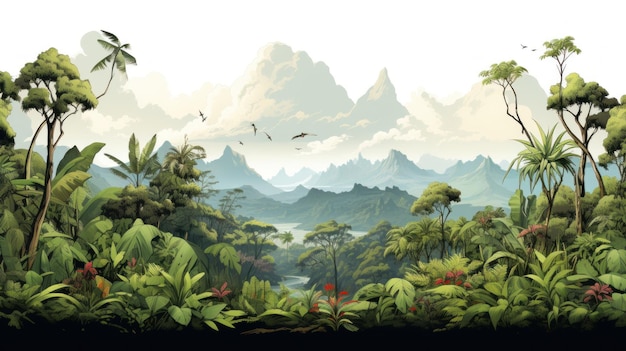 Painting of a Jungle Scene With Birds Flying Over the Trees