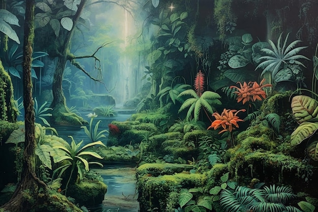 A painting of a jungle scene with a green plant and a green leafy plant