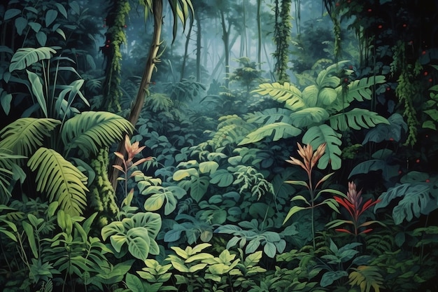 A painting of a jungle scene with a green plant and a green leafy plant