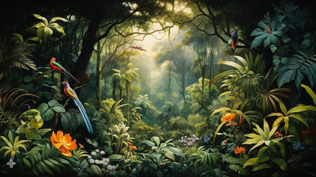 a painting of a jungle with butterflies and flowers