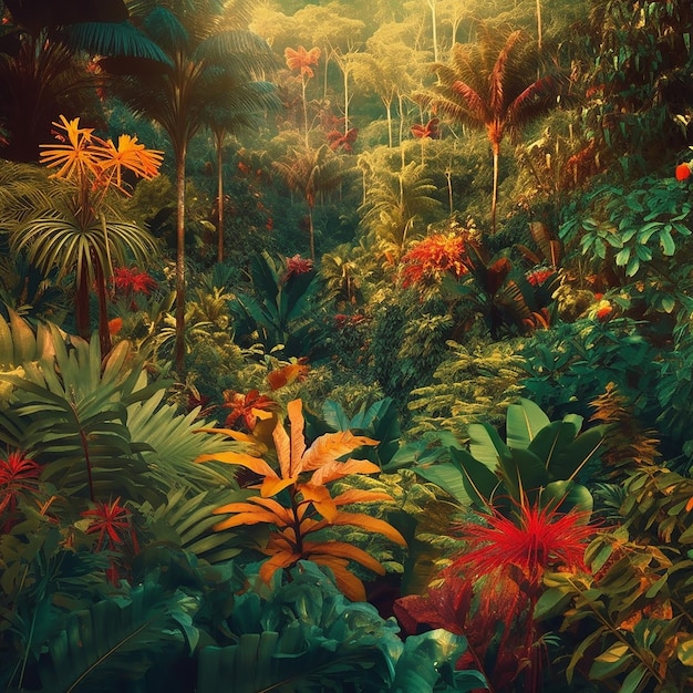 A painting of a jungle with a jungle scene.