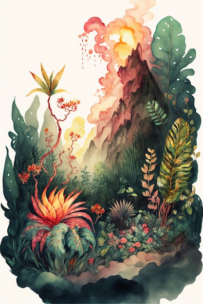 Painting of a jungle with a mountain in the background generative ai