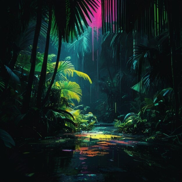 a painting of a jungle with a river and palm trees