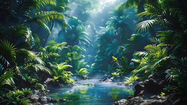 Photo a painting of a jungle with a river and trees