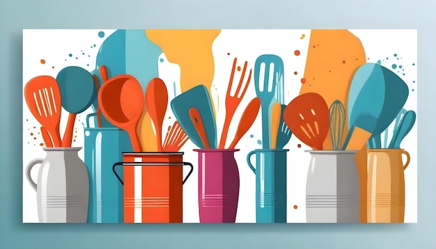 Photo a painting of kitchen utensils and a bucket with a blue and orange background