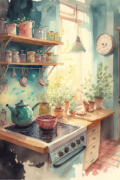 Painting of a kitchen with pots and pans on the stove generative ai