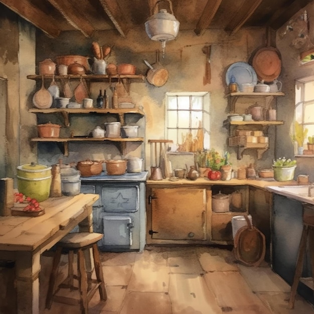 painting of a kitchen with a stove generative ai