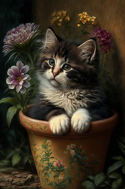 A painting of a kitten in a flower pot