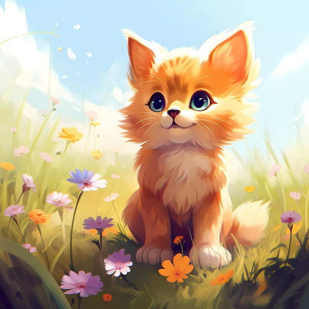 a painting of a kitten with a butterfly in the grass