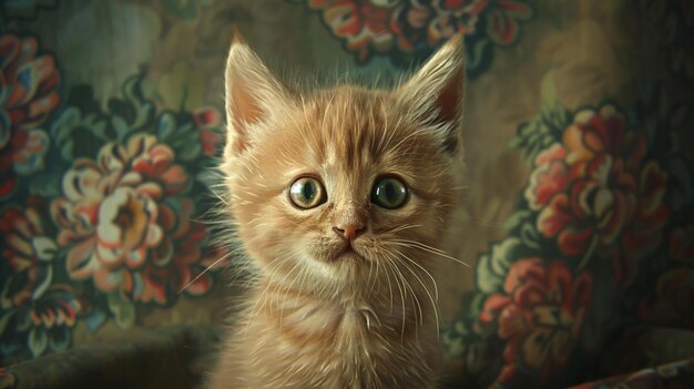 a painting of a kitten with a red and yellow eyes