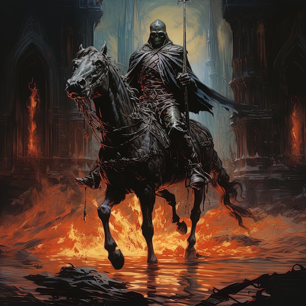 a painting of a knight on a horse with a sword in his hand