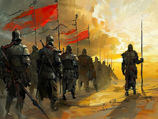 Photo a painting of knights and the word  victory  on the bottom