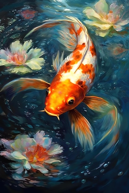 A painting of a koi fish in a pond of water Generative AI image