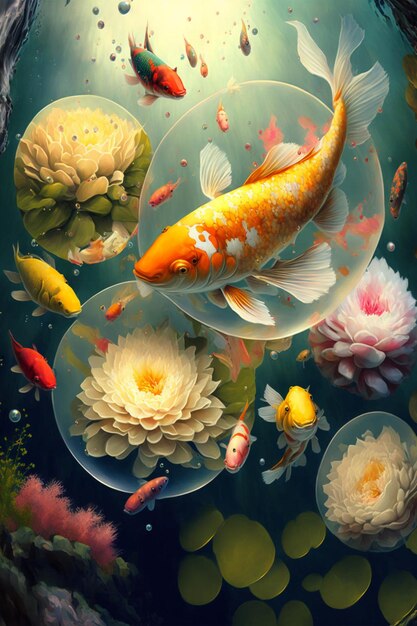 Painting of a koi fish in a pond of water lilies generative ai