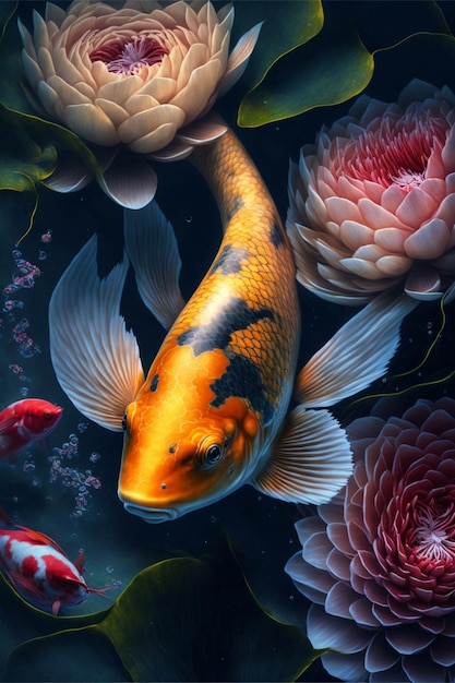 Painting of a koi fish surrounded by flowers generative ai