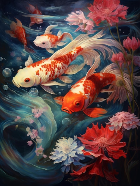 A painting of koi fish swimming in the water.