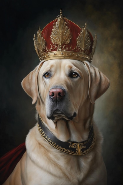 A painting of a labrador dog wearing a crown.