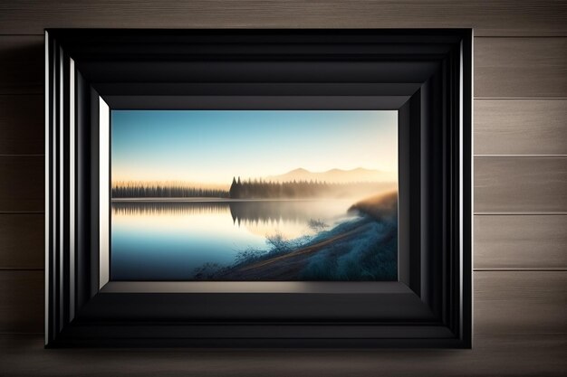 A painting of a lake and mountains is shown in a frame