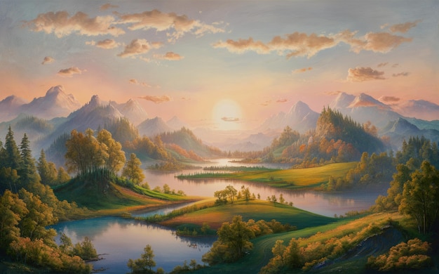 a painting of a lake and mountains with a sunset in the background