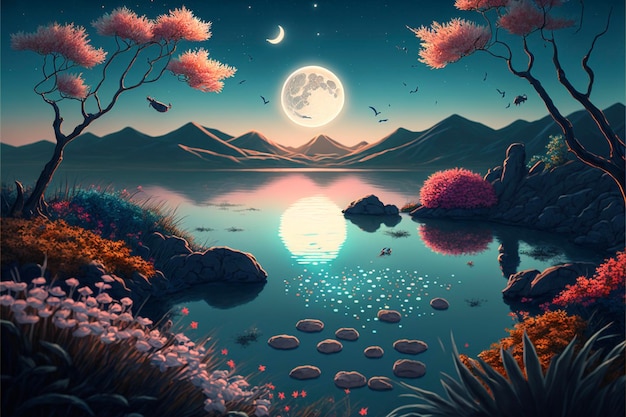 Painting of a lake at night with a full moon in the sky generative ai