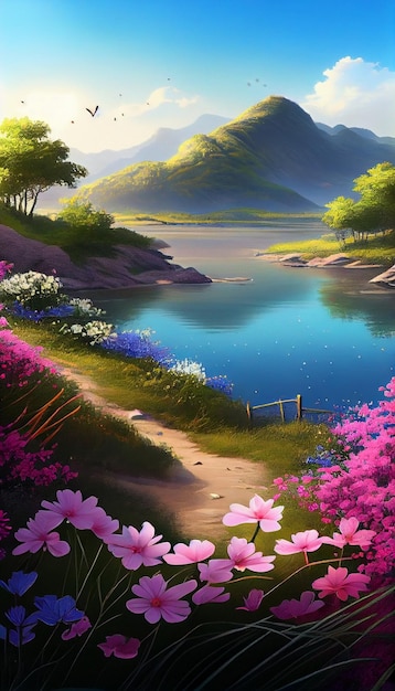 Painting of a lake surrounded by flowers generative ai