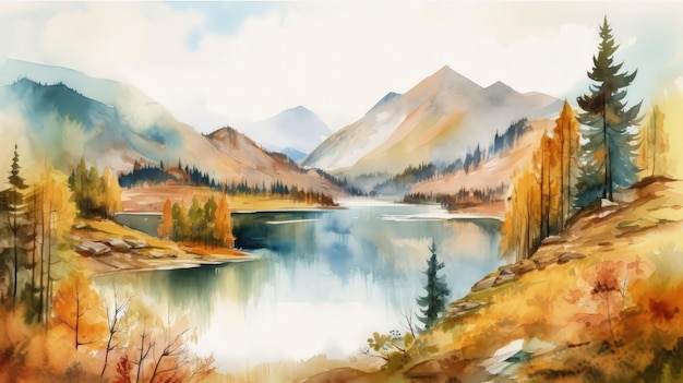 A painting of a lake surrounded by mountains generative AI