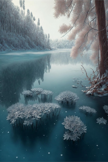 Painting of a lake surrounded by snow covered trees generative ai