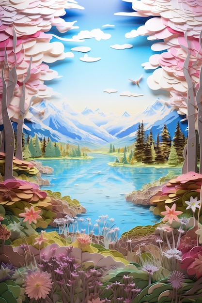 Painting of a lake surrounded by trees and flowers with mountains in the background generative ai