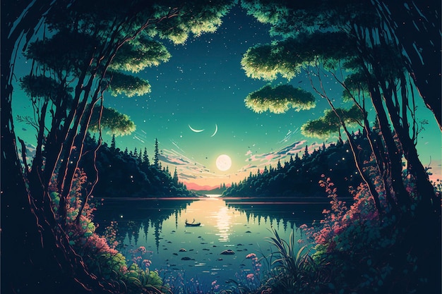 Painting of a lake surrounded by trees generative ai