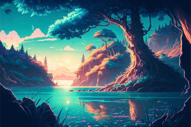 Painting of a lake surrounded by trees generative ai