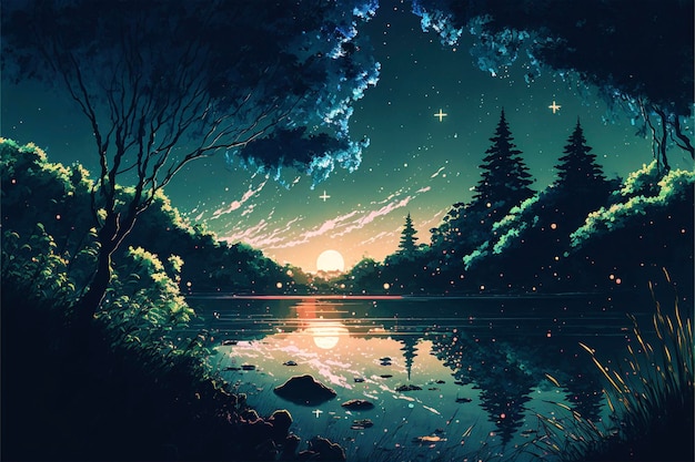 Painting of a lake surrounded by trees generative ai