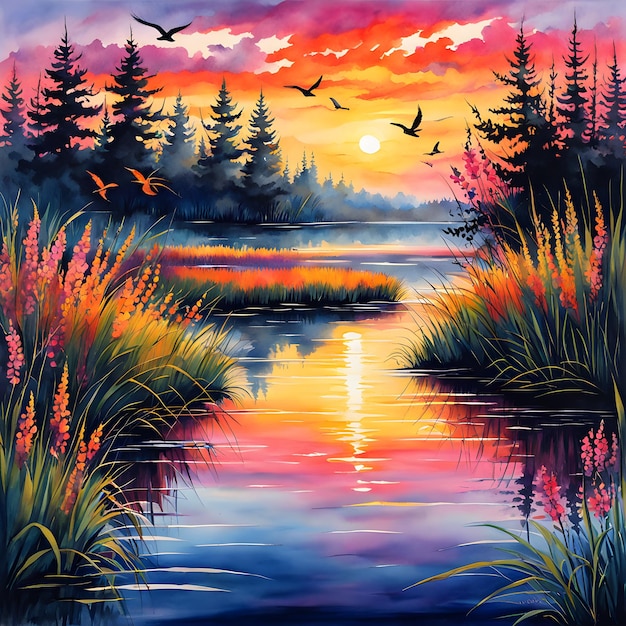 a painting of a lake with birds flying over it