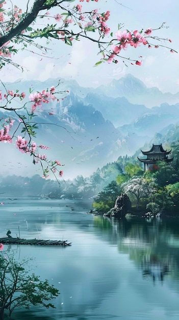 painting of a lake with a boat and a pagoda in the background generative ai