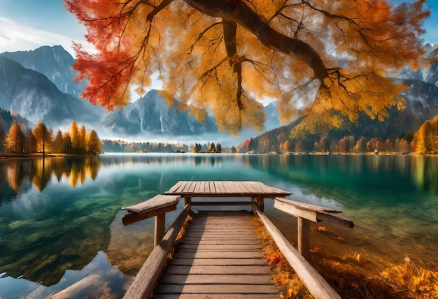 Photo a painting of a lake with a dock and a dock with a lake and a tree branch