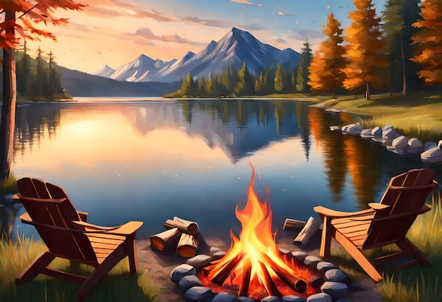 Photo a painting of a lake with a fire and a mountain in the background