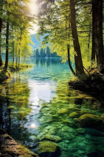 A painting of a lake with a forest in the background.