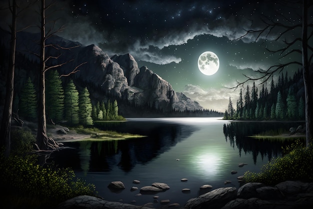 A painting of a lake with a full moon and mountains in the background.