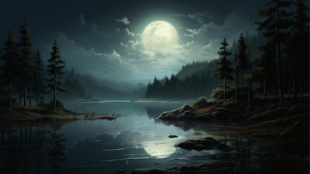 a painting of a lake with a full moon in the sky