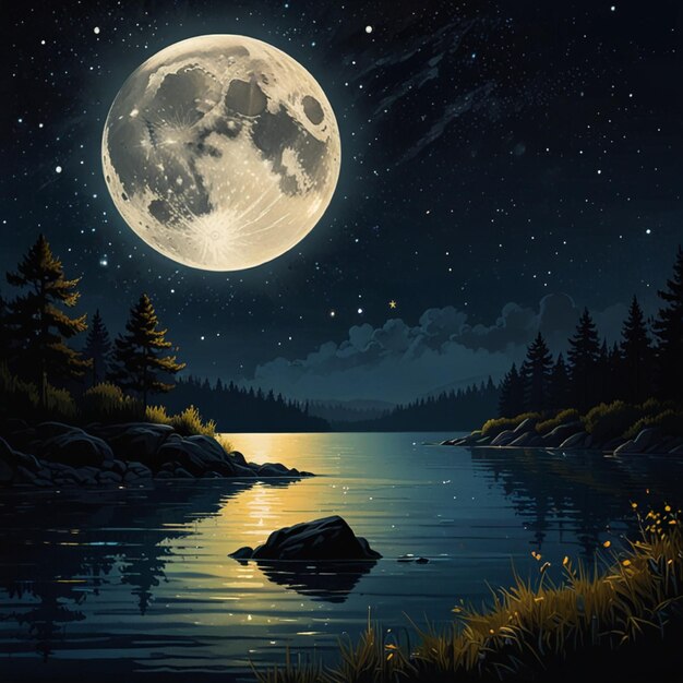 a painting of a lake with a full moon and trees