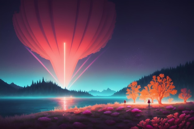 A painting of a lake with a hot air balloon in the sky.