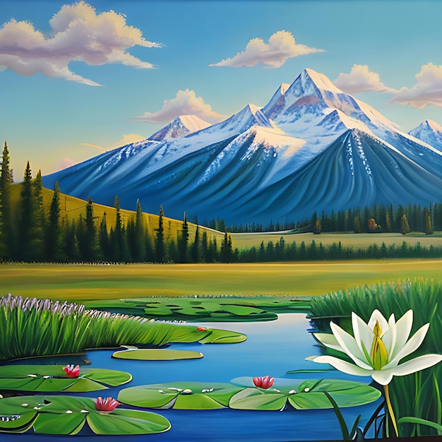 A painting of a lake with lily pads and mountains in the background generative ai