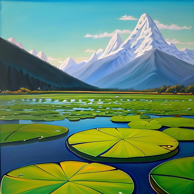 A painting of a lake with lily pads and mountains in the background generative ai